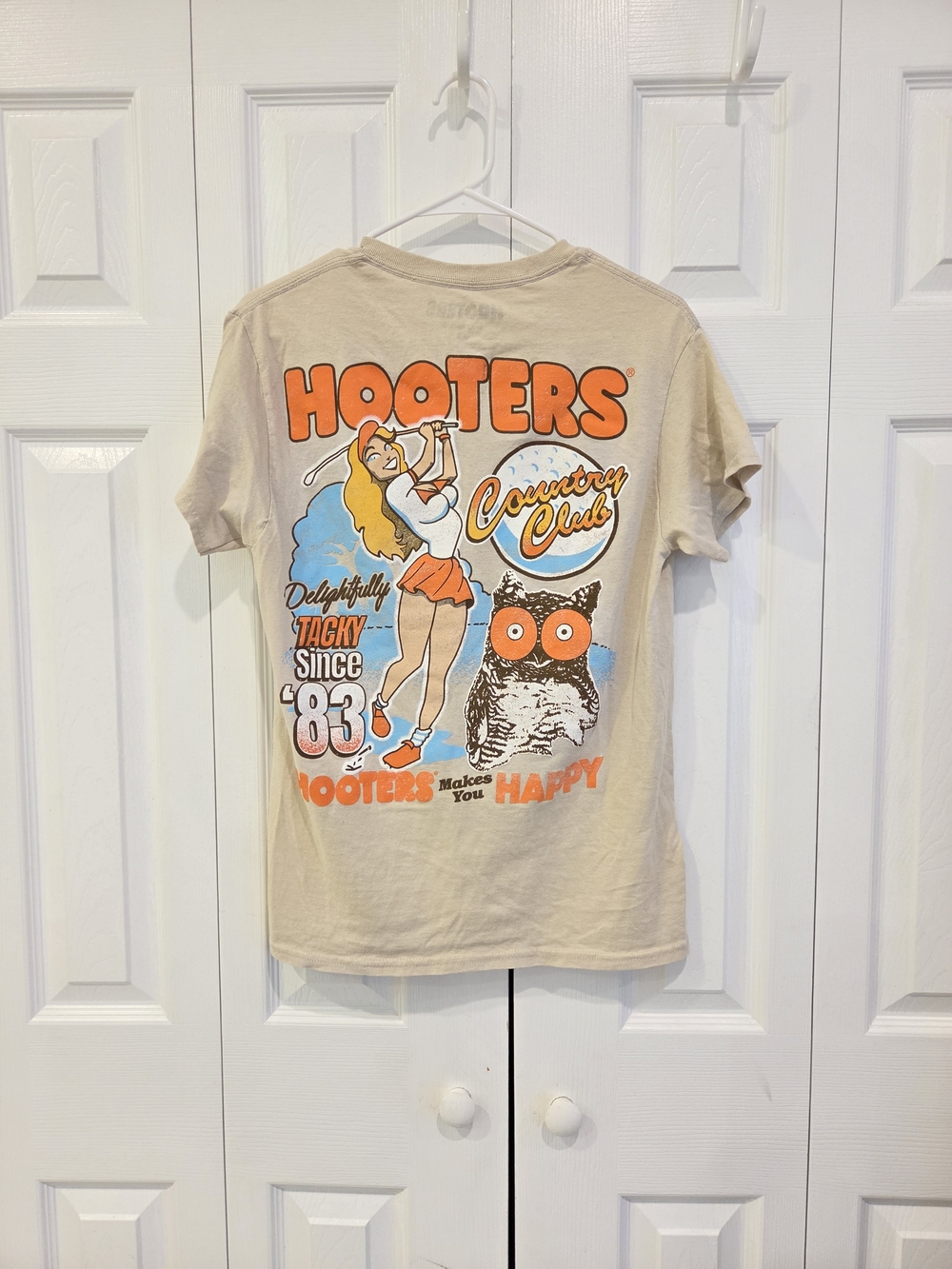 Ripple Junction Beige Hooters Graphic Tee with Orange & Blue Accents